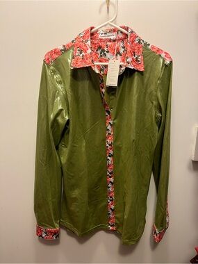 Ranch Dress’n- Green Button-Up Shirt with Coral Floral Trim
